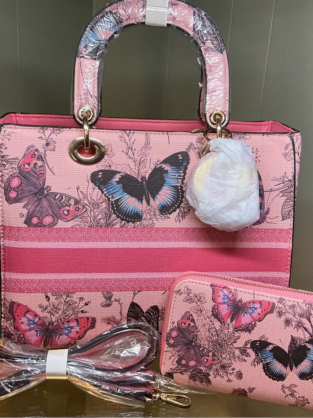 Pink Butterfly Print Satchel with Matching Wallet